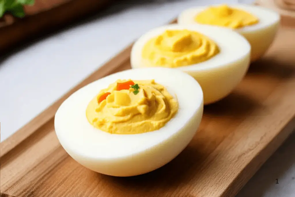 A platter of Easter deviled egg chicks, each with a creamy yolk filling, carrot beaks, and sesame seed eyes.