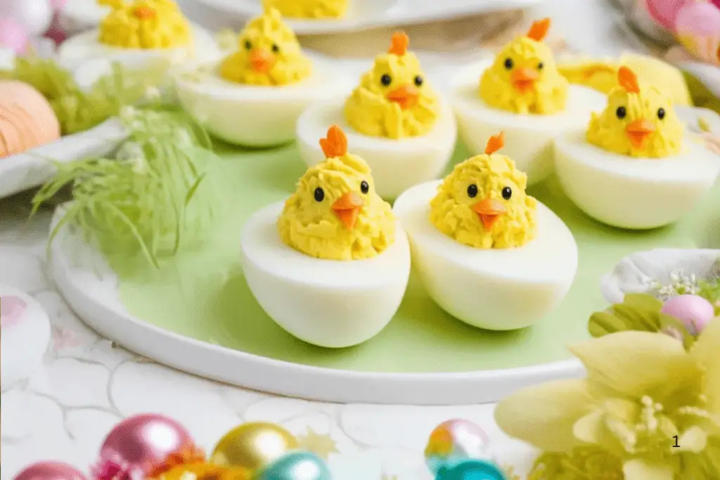 A pastel Easter platter filled with deviled egg chicks, surrounded by festive spring decorations.