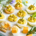 A festive Easter appetizer platter with deviled eggs, pastel cheese cubes, puff pastry bites, and fresh veggies, garnished with herbs and edible flowers for a bright springtime display.