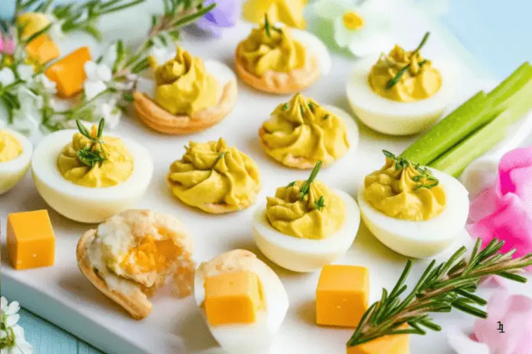 A festive Easter appetizer platter with deviled eggs, pastel cheese cubes, puff pastry bites, and fresh veggies, garnished with herbs and edible flowers for a bright springtime display.