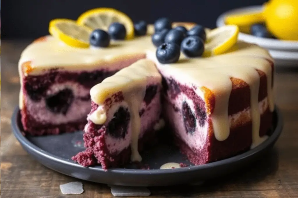 Ravenclaw blueberry velvet cheesecake with a deep blue cheesecake layer, golden crust, and glossy lemon glaze. Garnished with fresh blueberries and powdered sugar in a magical, wizarding-inspired setting.