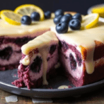 Ravenclaw blueberry velvet cheesecake with a deep blue cheesecake layer, golden crust, and glossy lemon glaze. Garnished with fresh blueberries and powdered sugar in a magical, wizarding-inspired setting.