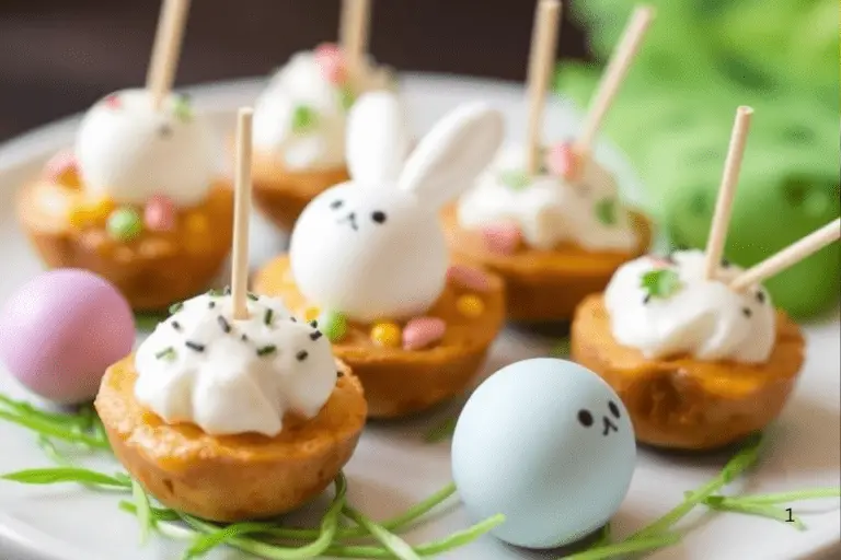 A bright and festive Easter appetizer platter with deviled eggs, pastel cheese cubes, puff pastry bites, and fresh veggies, garnished with herbs and edible flowers for a fresh spring look.