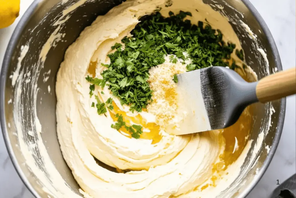 A bowl of whipped cream cheese mixed with fresh herbs and lemon zest, creating a smooth and flavorful filling.