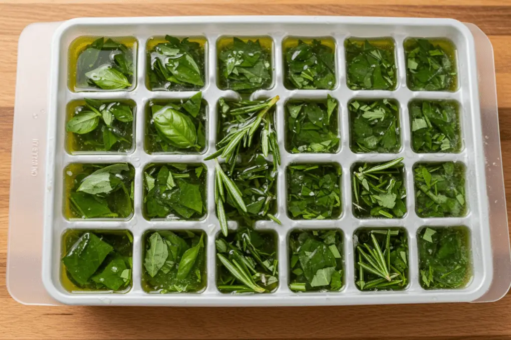 Herbs like basil and rosemary frozen in olive oil cubes, ready for convenient cooking use later.