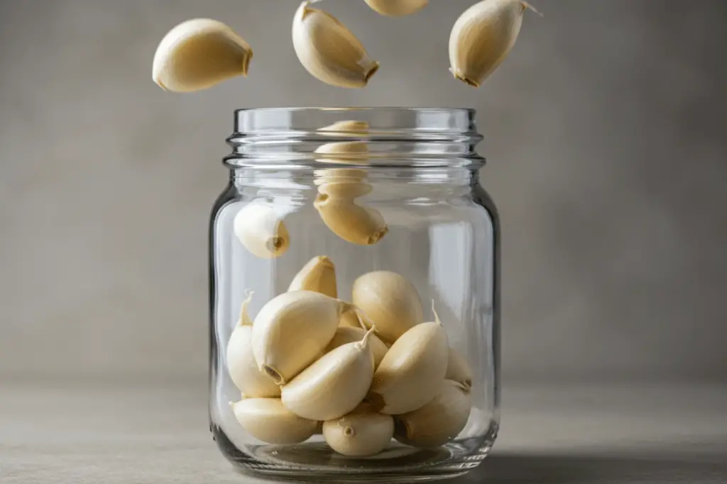 A jar being shaken to quickly peel garlic cloves, saving time during meal prep