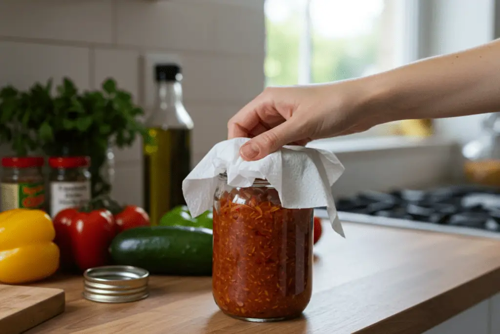 A damp paper towel wrapped around a jar lid to assist in opening it easily without slipping.