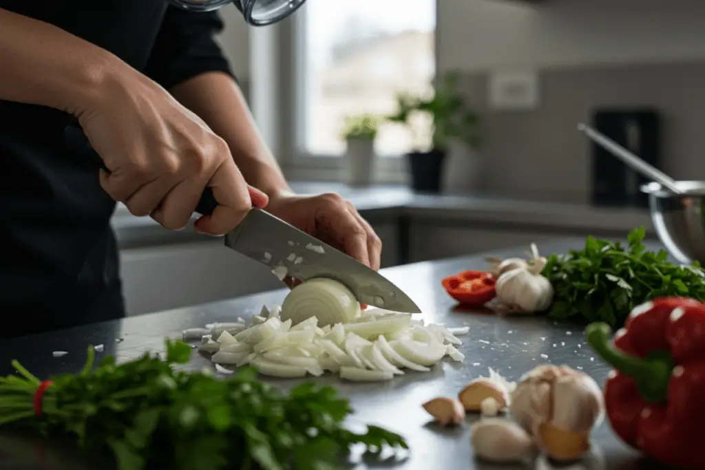 A home cook wearing protective goggles while chopping onions to avoid irritation and tears.