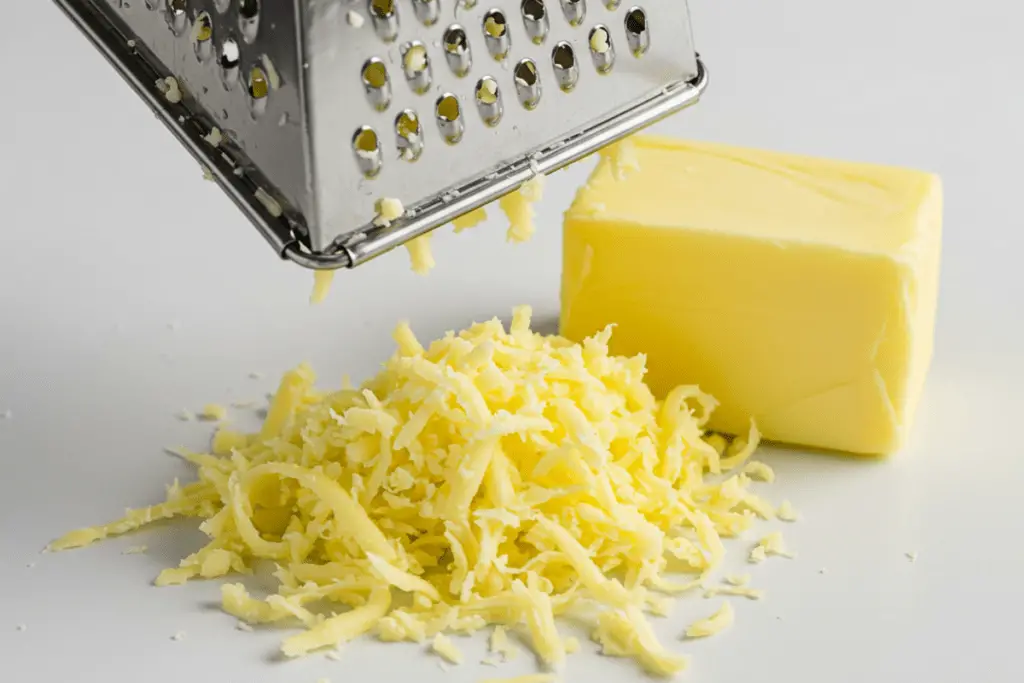 Cold butter grated with a cheese grater, making it easier to incorporate into baking recipes.