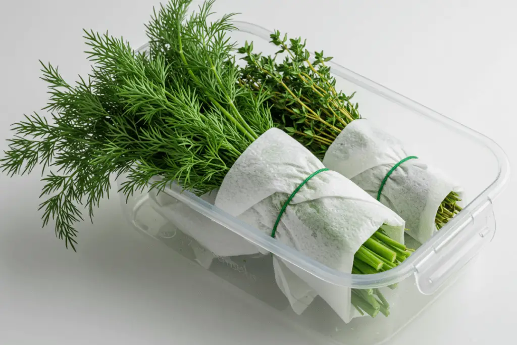 Fresh greens wrapped in damp paper towels to keep them crisp and fresh in the fridge for longer.