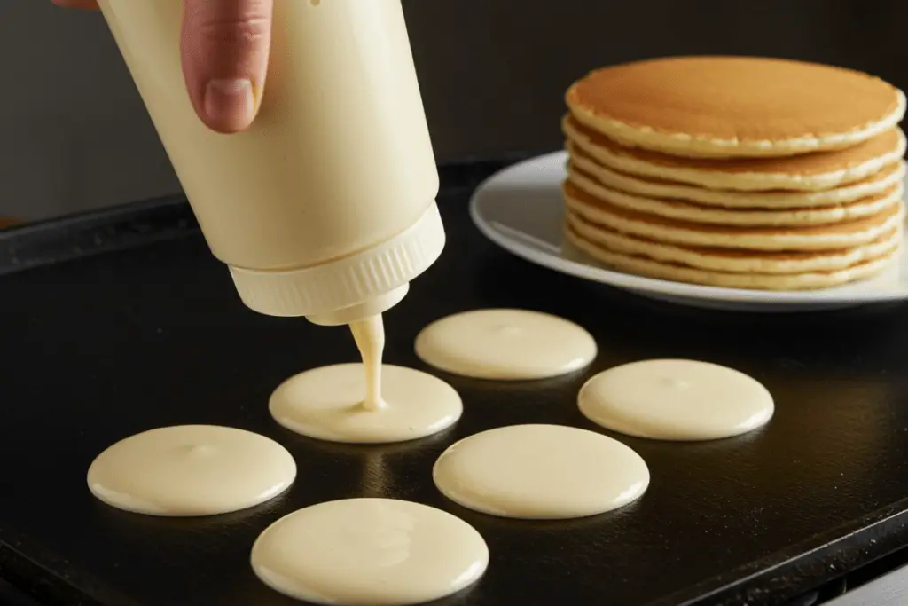 A squeeze bottle filled with pancake batter, used to pour even portions onto a griddle for perfectly round pancakes.