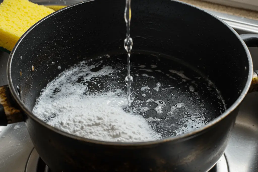 A burnt pot with baking soda and water ready for scrubbing, using a natural method to clean tough stains and residue.