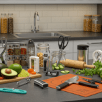 Top 10 kitchen hacks for home cooks displayed on a countertop, featuring useful tools like a garlic peeler, spice rack organizer, and vegetable spiralizer, in a clean, modern kitchen setting.