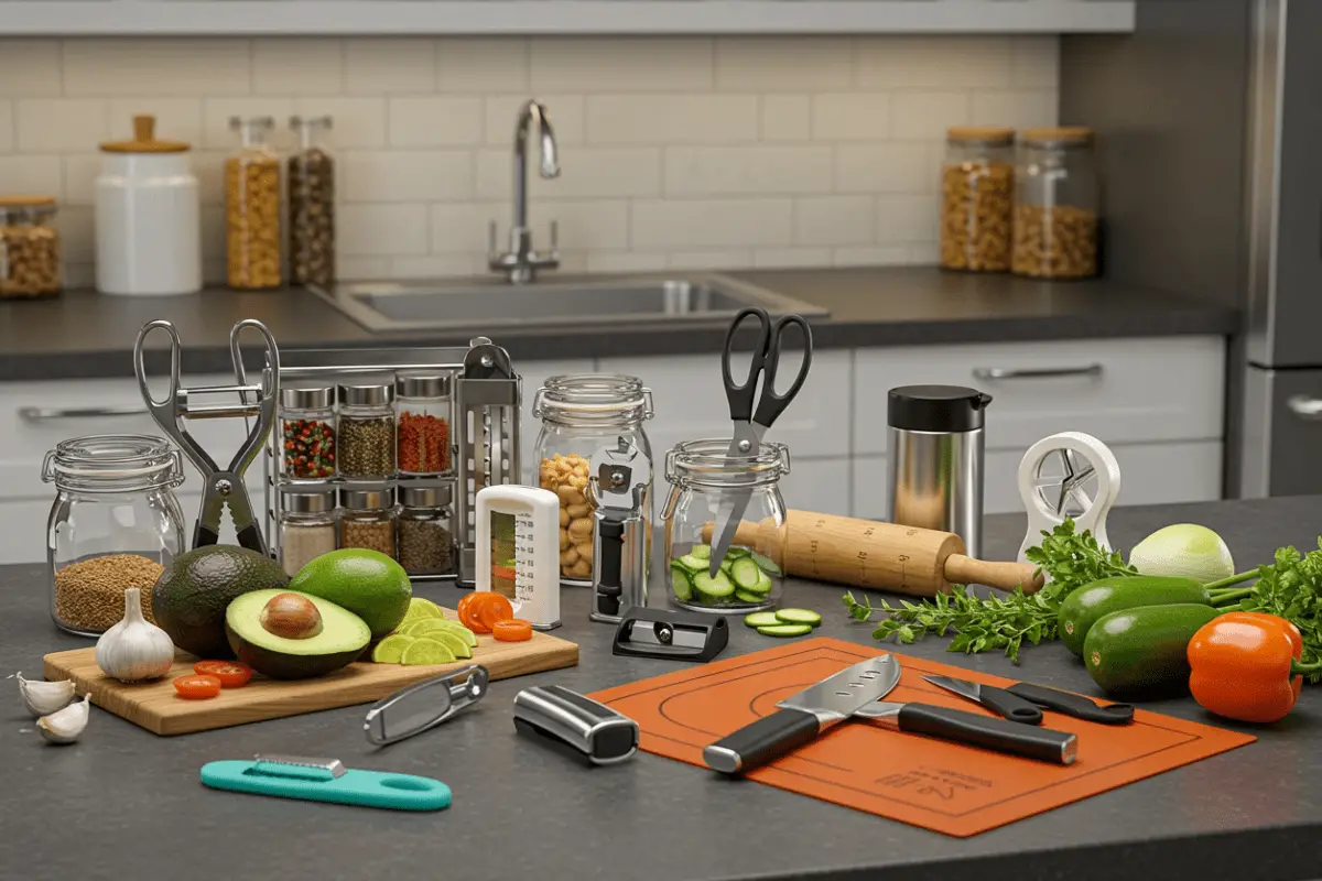 Top 10 kitchen hacks for home cooks displayed on a countertop, featuring useful tools like a garlic peeler, spice rack organizer, and vegetable spiralizer, in a clean, modern kitchen setting.