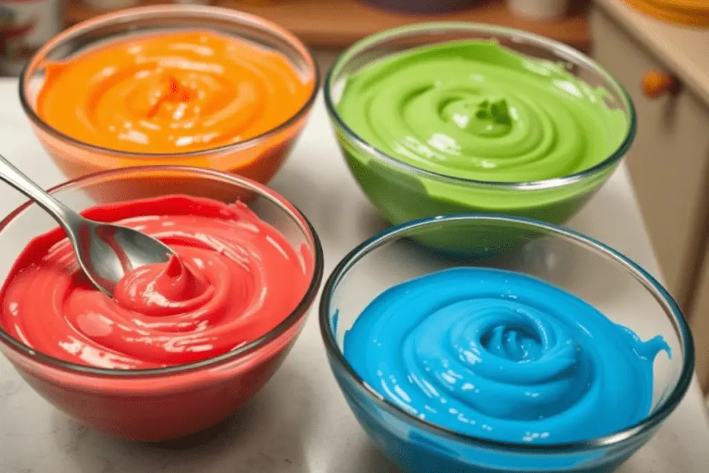 Four bowls of pudding in red, green, blue, and yellow, representing Hogwarts house colors, being mixed for layering.

