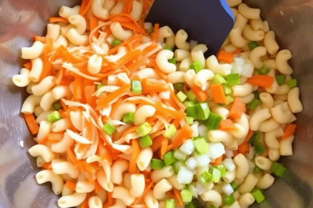 A mixing bowl with cooked macaroni, shredded carrots, celery, and onions being stirred together for a fresh, creamy salad.