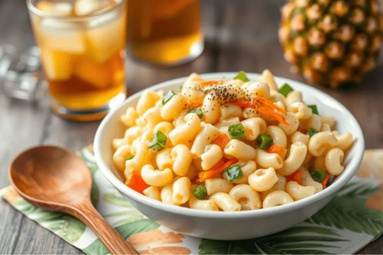 A bowl of creamy Hawaiian macaroni salad garnished with black pepper, served with a tropical-themed setting.