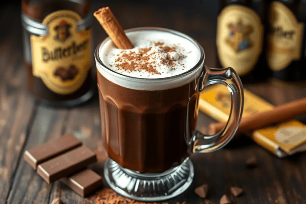 A mug of dark chocolate butterbeer, garnished with a cinnamon stick and cocoa powder, served in a magical, cozy setting.