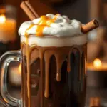 Dark chocolate butterbeer in a frosty glass mug, topped with creamy butterscotch foam and caramel drizzle. Set in a warm, magical setting with soft candlelight.