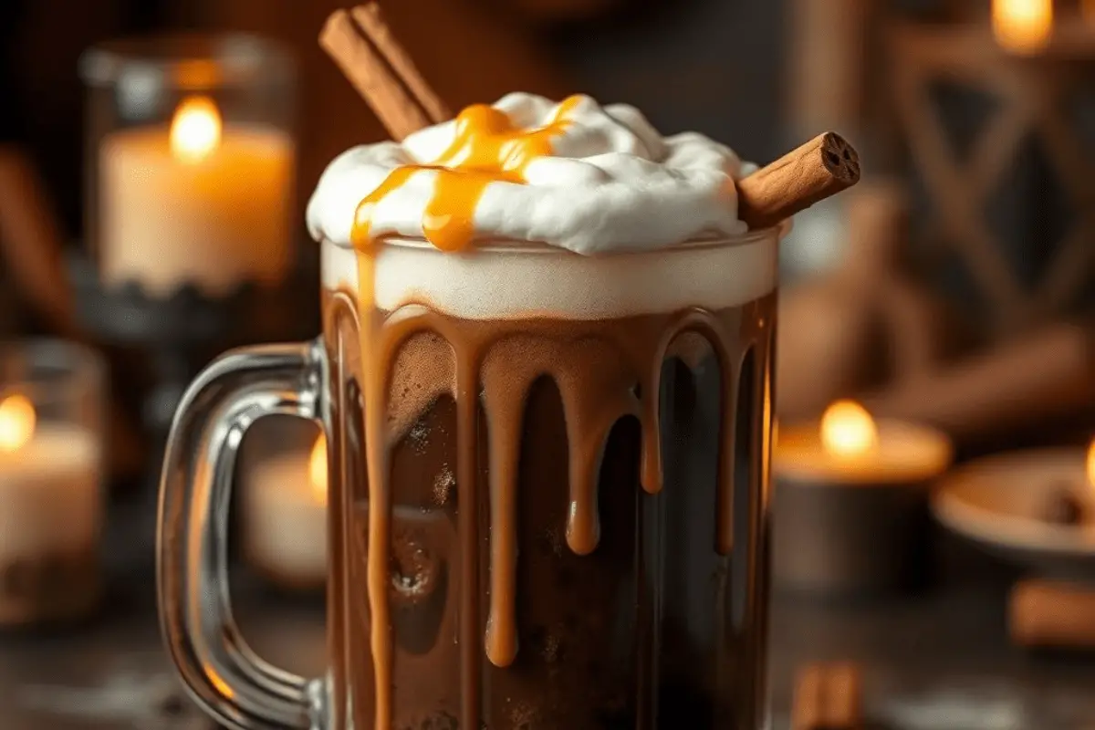 Dark chocolate butterbeer in a frosty glass mug, topped with creamy butterscotch foam and caramel drizzle. Set in a warm, magical setting with soft candlelight.