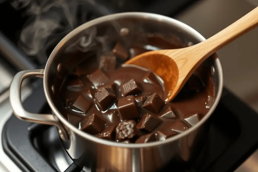 A saucepan with dark chocolate melting into a smooth, velvety consistency for dark chocolate butterbeer.