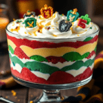 Hogwarts House Pride layered trifle with colorful cake, creamy pudding, and whipped cream, topped with gold sprinkles and edible house crest decorations. Served in a magical, cozy setting with soft candlelight.