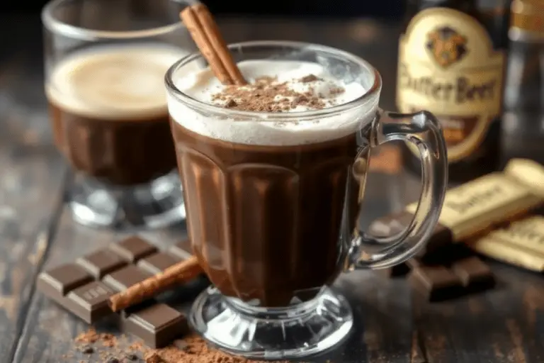 A mug of dark chocolate butterbeer, garnished with a cinnamon stick and cocoa powder, served in a magical, cozy setting.