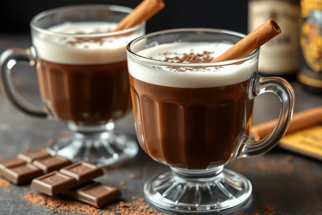 A mug of dark chocolate butterbeer, garnished with a cinnamon stick and cocoa powder, served in a magical, cozy setting.