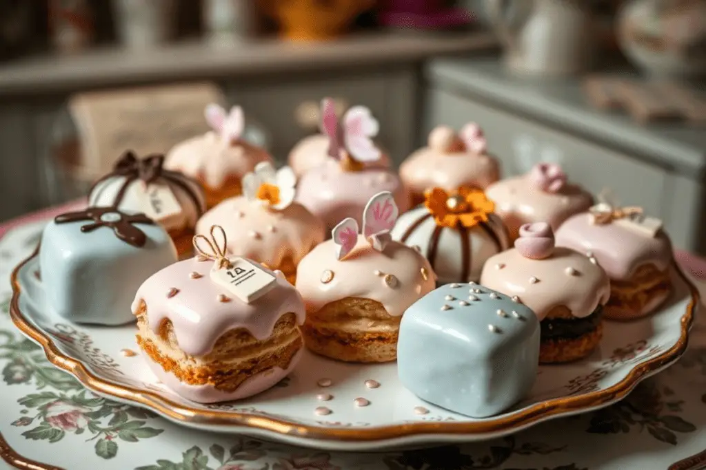 Alice in Wonderland-themed petit fours with pastel icing, "Eat Me" tags, sugar flowers, and gold accents. Presented on a vintage tea party platter with a whimsical Wonderland-inspired setting.