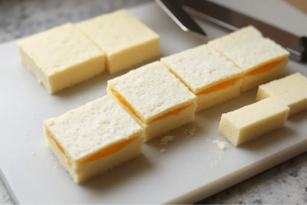 Neatly cut sponge cake squares being layered with apricot jam, forming the base of Alice in Wonderland petit fours.