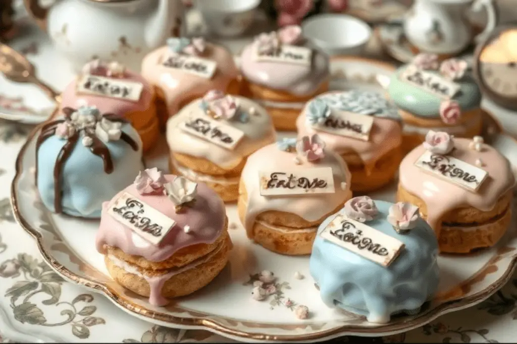 A vintage tea table set with a tiered tray of Alice in Wonderland petit fours. A teapot, mismatched teacups, and playing cards complete the scene. The background has a soft, blurred garden setting with a whimsical, fairy tale atmosphere.