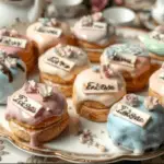 A vintage tea table set with a tiered tray of Alice in Wonderland petit fours. A teapot, mismatched teacups, and playing cards complete the scene. The background has a soft, blurred garden setting with a whimsical, fairy tale atmosphere.