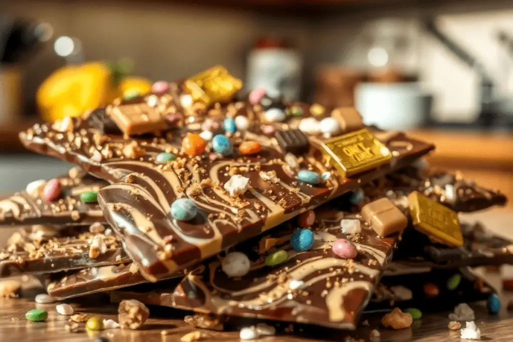 Willy Wonka-inspired golden ticket chocolate bark with swirled chocolate, edible gold flakes, candy pieces, and golden ticket decorations. Set in a whimsical candy-themed setting with colorful sweets.