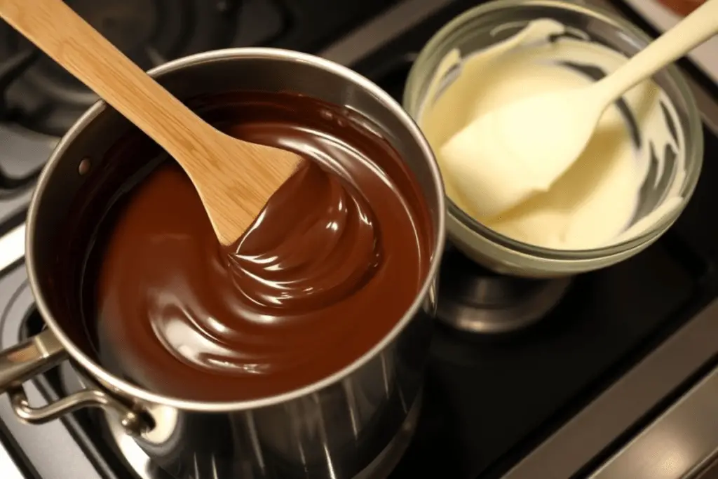 A double boiler with dark chocolate melting into a smooth, glossy consistency, ready for making chocolate bark.