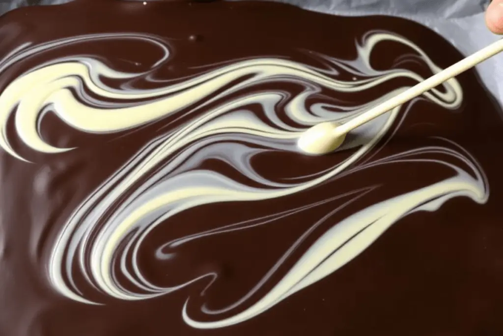 A baking sheet with dark and white chocolate swirled together in a marbled pattern for the base of Willy Wonka’s chocolate bark.