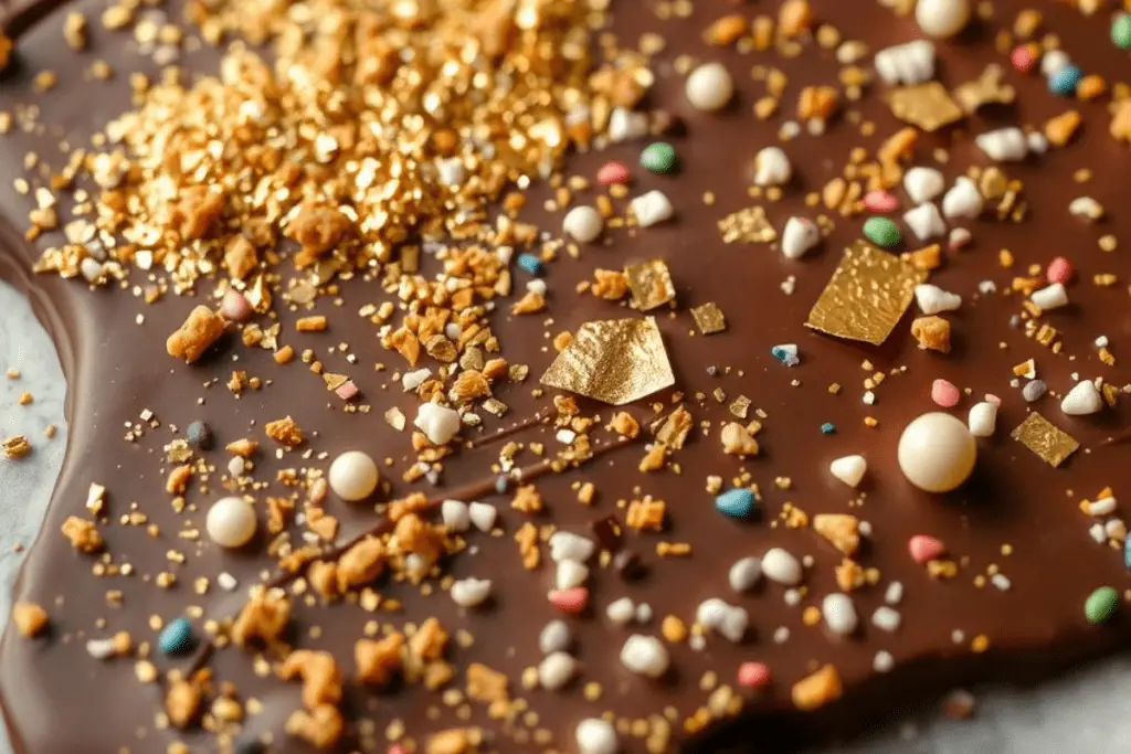 A chocolate bark sheet covered in gold glitter, sugar pearls, crushed toffee, and colorful sprinkles for a magical Willy Wonka-inspired look.