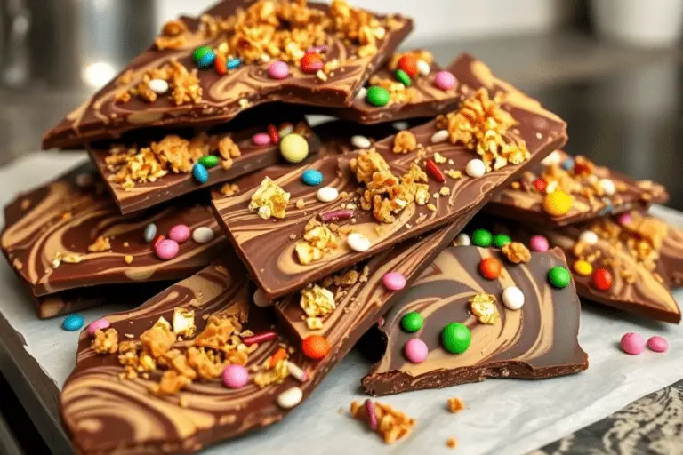 Willy Wonka-inspired golden ticket chocolate bark with swirled chocolate, edible gold flakes, toffee bits, and candy sprinkles. Set in a magical, candy-themed setting with lollipops and sweets.