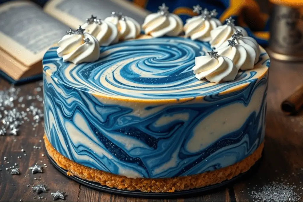 Ravenclaw butterbeer galaxy swirl cheesecake with a blue and silver marbled design, a golden graham cracker crust, and shimmering edible silver dust. Set in a magical, celestial-themed setting with soft candlelight.