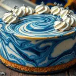 Ravenclaw butterbeer galaxy swirl cheesecake with a blue and silver marbled design, a golden graham cracker crust, and shimmering edible silver dust. Set in a magical, celestial-themed setting with soft candlelight.