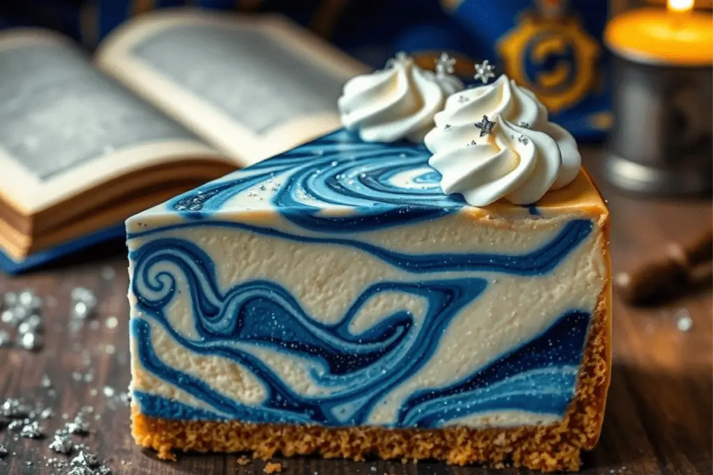 Ravenclaw butterbeer galaxy swirl cheesecake with a blue and silver marbled design, a golden graham cracker crust, and shimmering edible silver dust. Set in a magical, celestial-themed setting with soft candlelight.