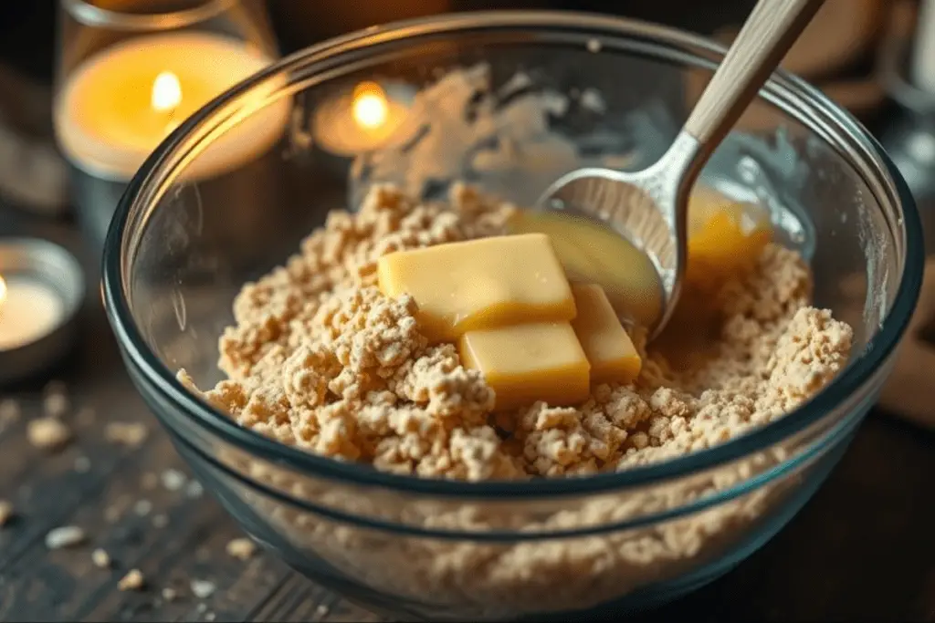 A bowl of crushed graham crackers being mixed with melted butter, preparing the crust for a Ravenclaw-themed cheesecake.