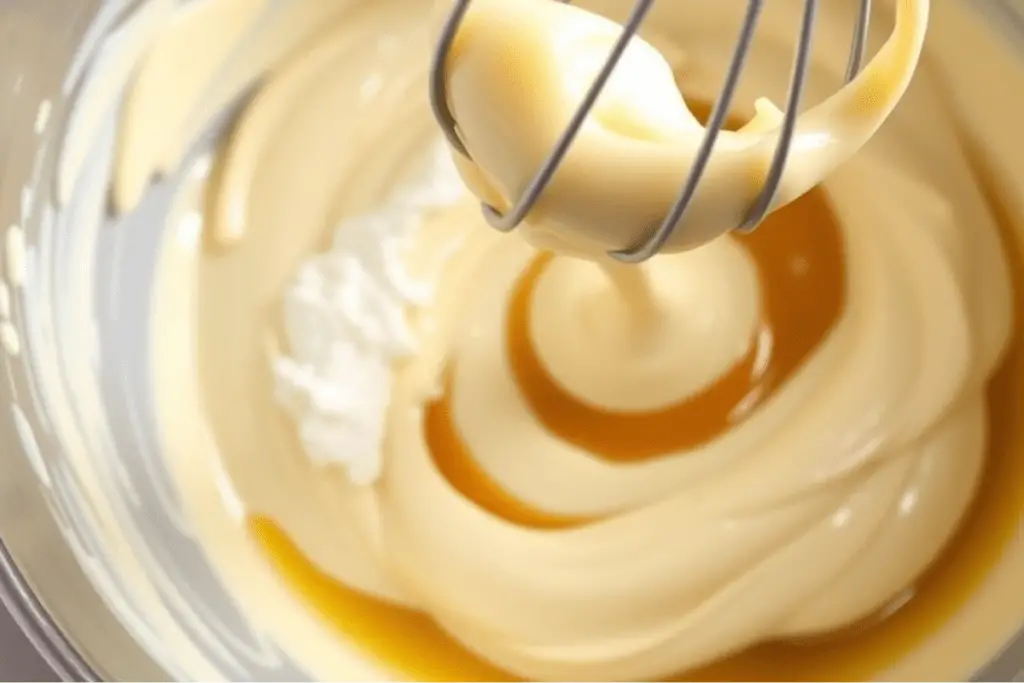 A mixing bowl filled with creamy butterbeer cheesecake batter, with a whisk lifting a smooth, golden swirl.