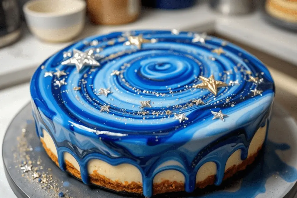 A Ravenclaw-inspired butterbeer cheesecake topped with a shimmering blue galaxy glaze and edible silver stars for a celestial look.