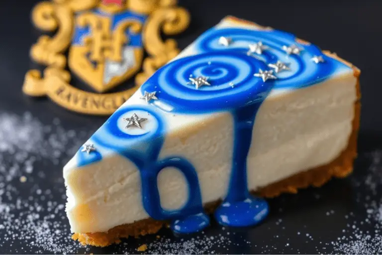 A Ravenclaw-inspired butterbeer cheesecake topped with a shimmering blue galaxy glaze and edible silver stars for a celestial look.