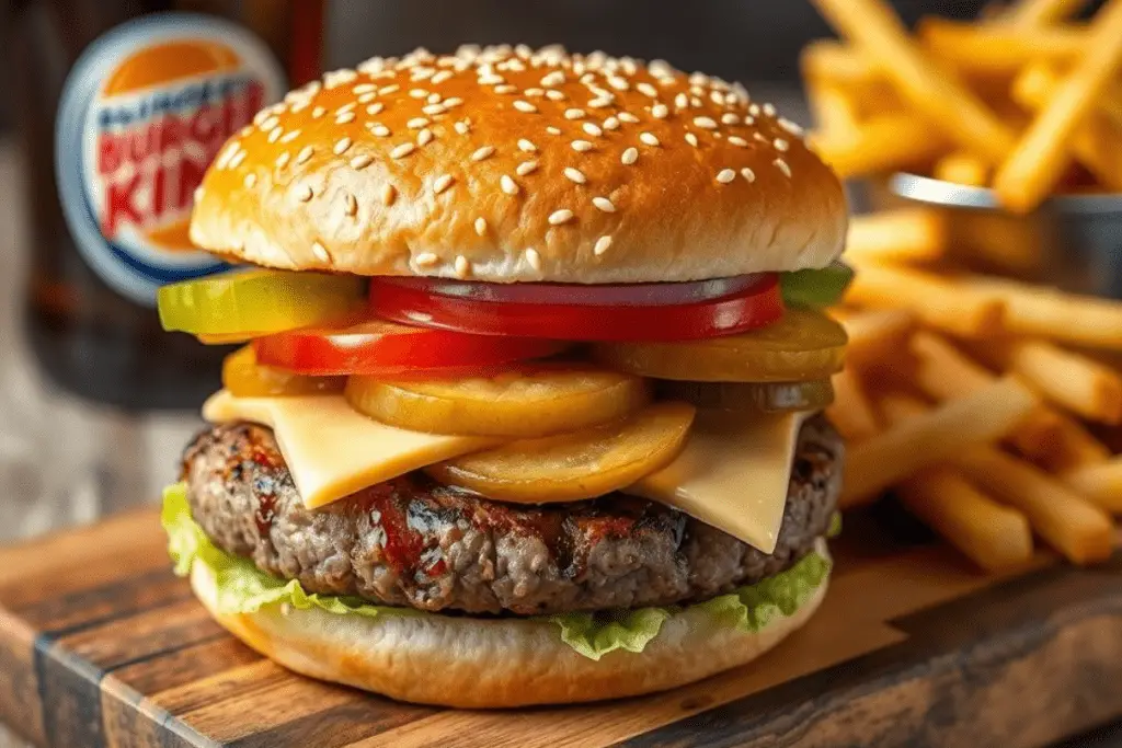 Homemade 2025 Burger King Whopper copycat with a flame-grilled beef patty, fresh toppings, and a toasted sesame seed bun. Served with crispy fries and a soda in a classic fast-food setting.