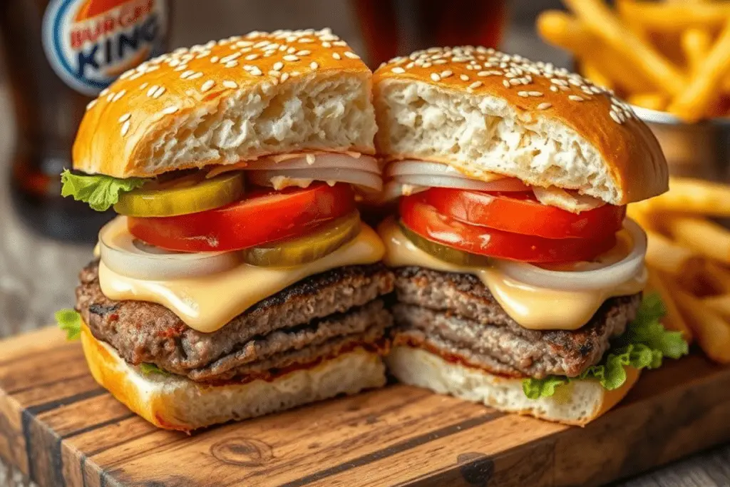 Homemade 2025 Burger King Whopper copycat with a flame-grilled beef patty, fresh toppings, and a toasted sesame seed bun. Served with crispy fries and a soda in a classic fast-food setting.