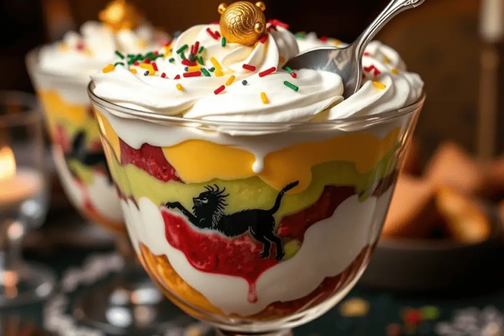 A completed Hogwarts House Pride trifle with layers of colorful pudding, topped with whipped cream, sprinkles, and a magical decoration.