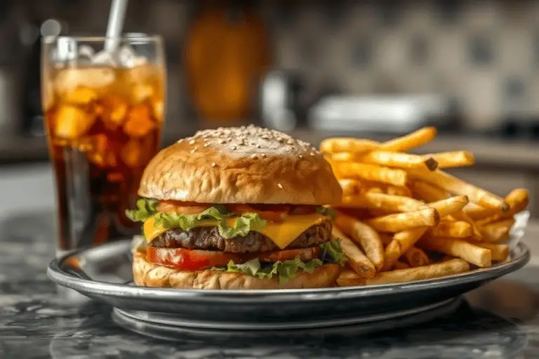 A homemade Whopper burger served with crispy fries and a refreshing soft drink for the perfect fast-food experience.