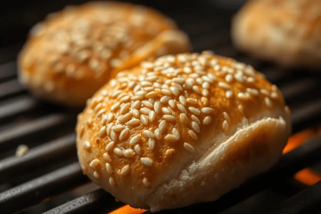 A sesame seed bun toasting on a grill, achieving a golden-brown crisp texture for a homemade Whopper.