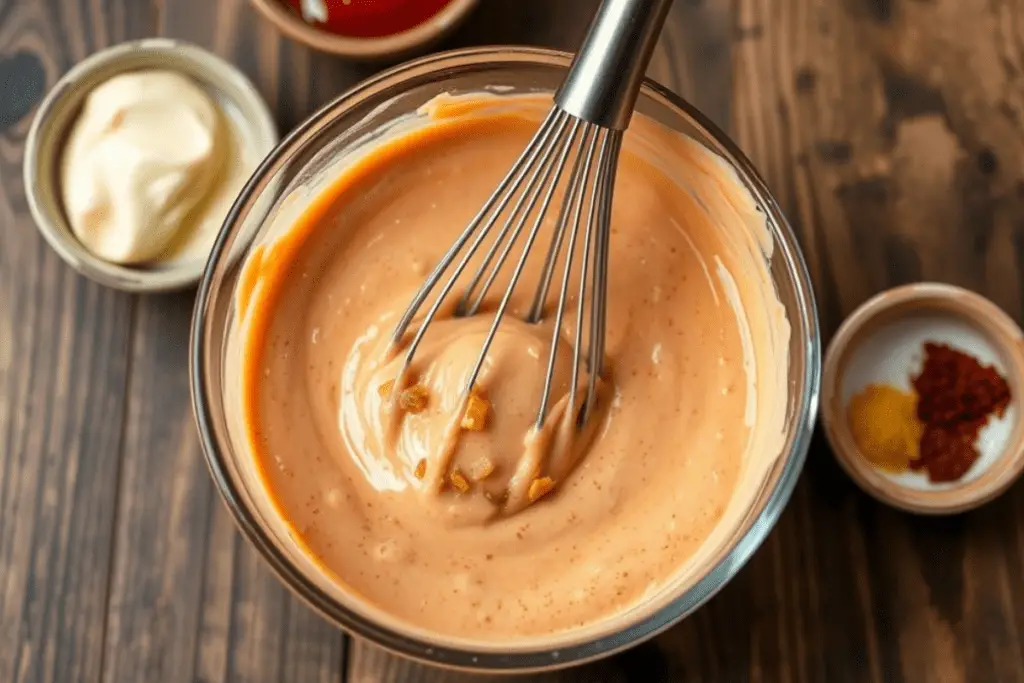 A small bowl of creamy homemade burger sauce with a whisk inside, showing blended mayonnaise, ketchup, mustard, and spices. Set on a rustic wooden countertop with ingredients nearby.